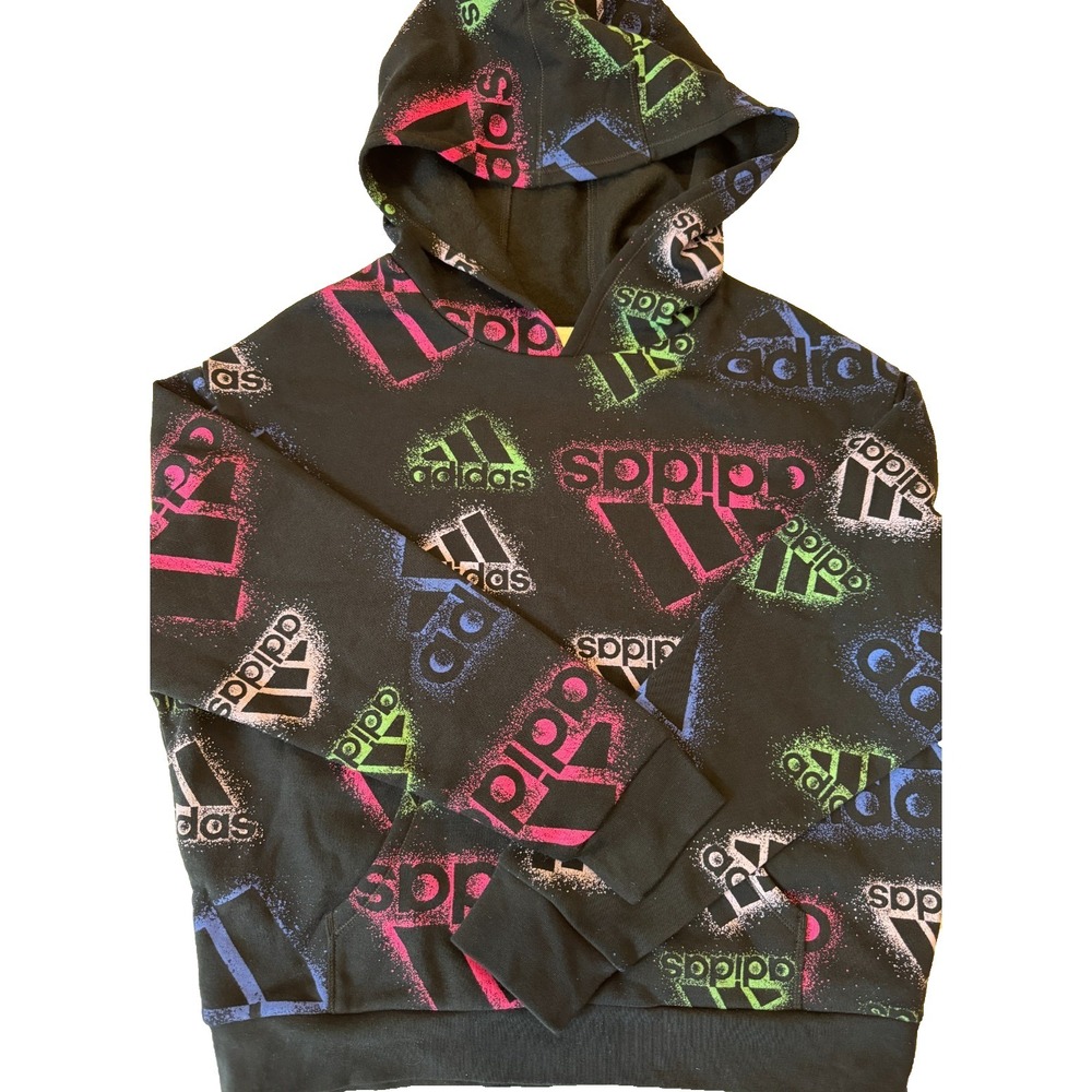 Adidas‎ Black Hoodie Multicolor Logo All Over Retro Print Girls Size Large (14)